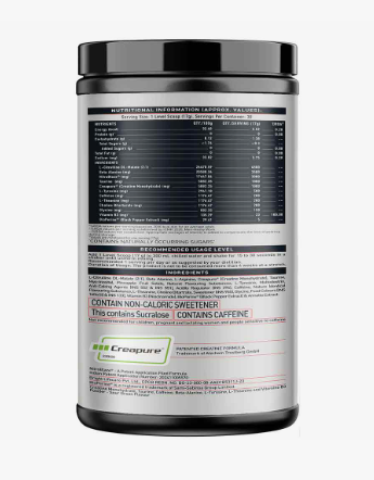 Supplement container with nutritional information label on a white background