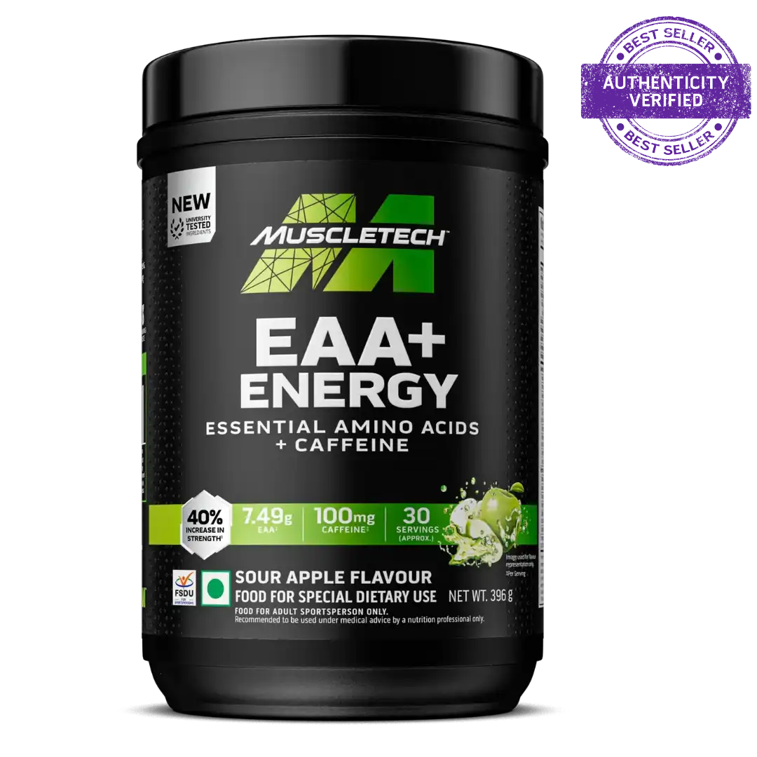 Muscletech EAA+ Energy supplement container with green accents on a white background