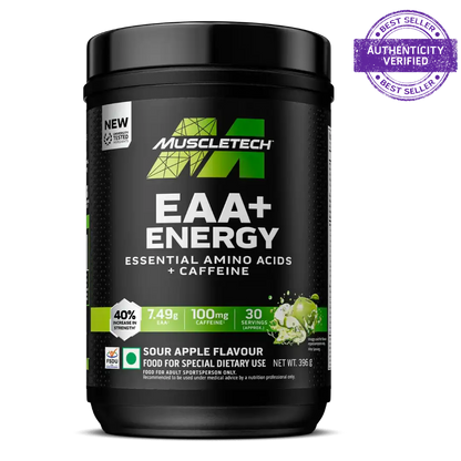 Muscletech EAA+ Energy supplement container with green accents on a white background