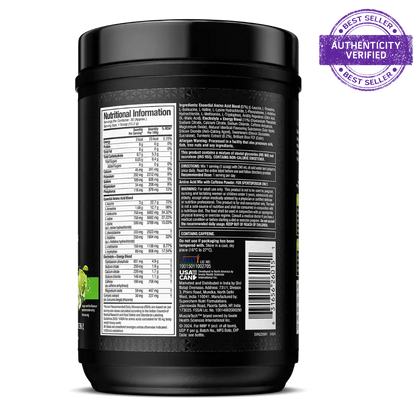 Black supplement container with nutritional information label on a white background