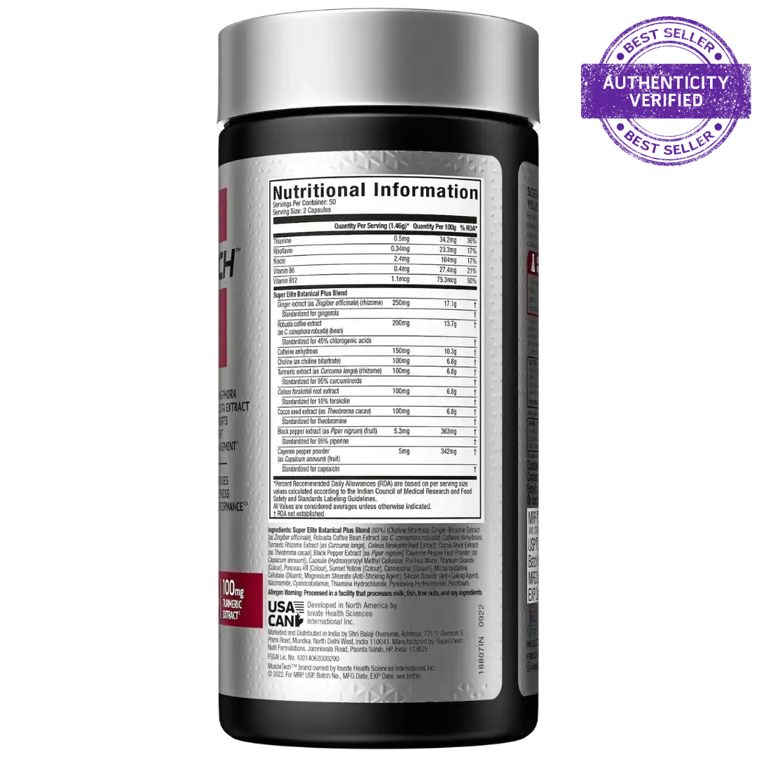Supplement container with nutritional information label on a white background