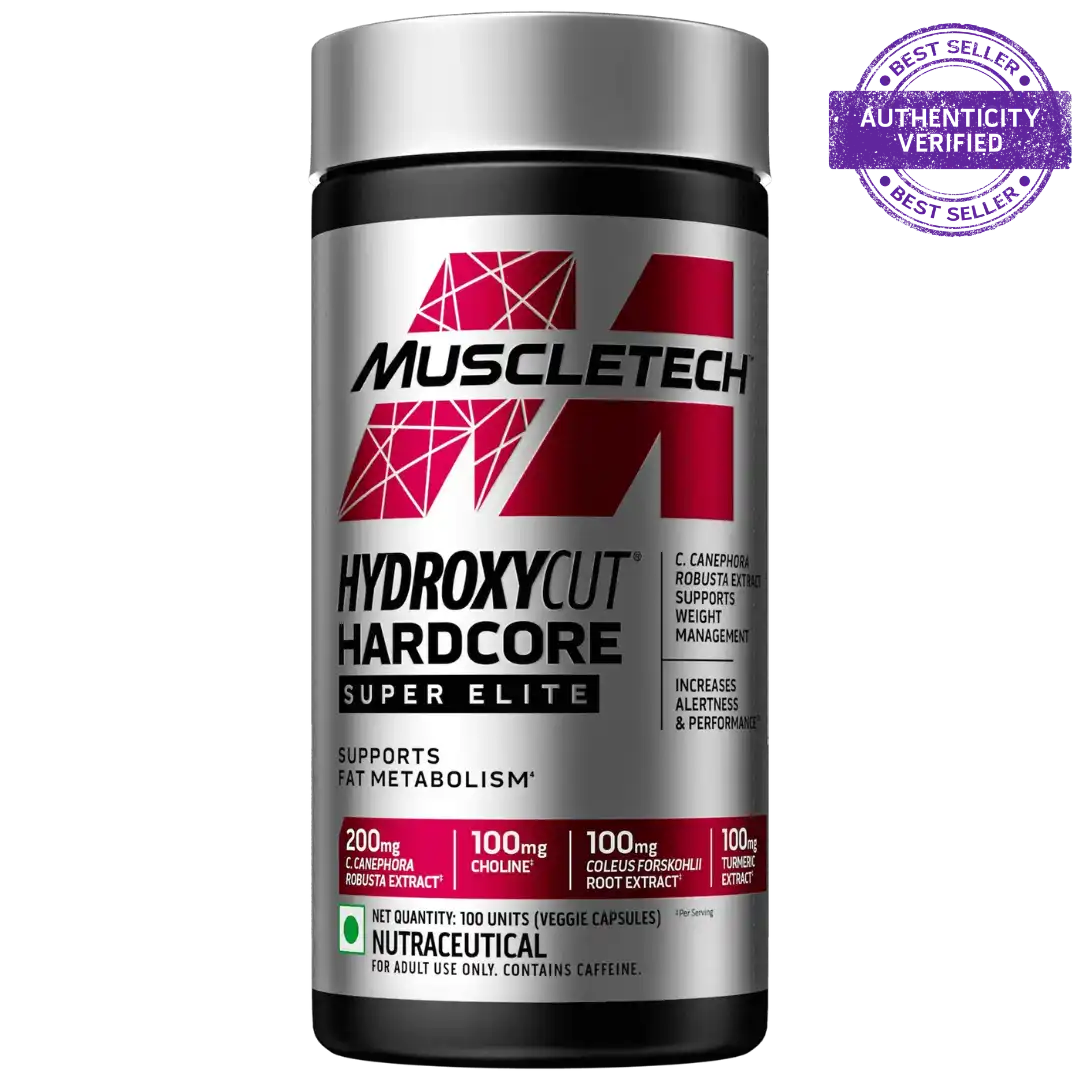 Muscletech Hydroxycut Hardcore supplement container on a white background