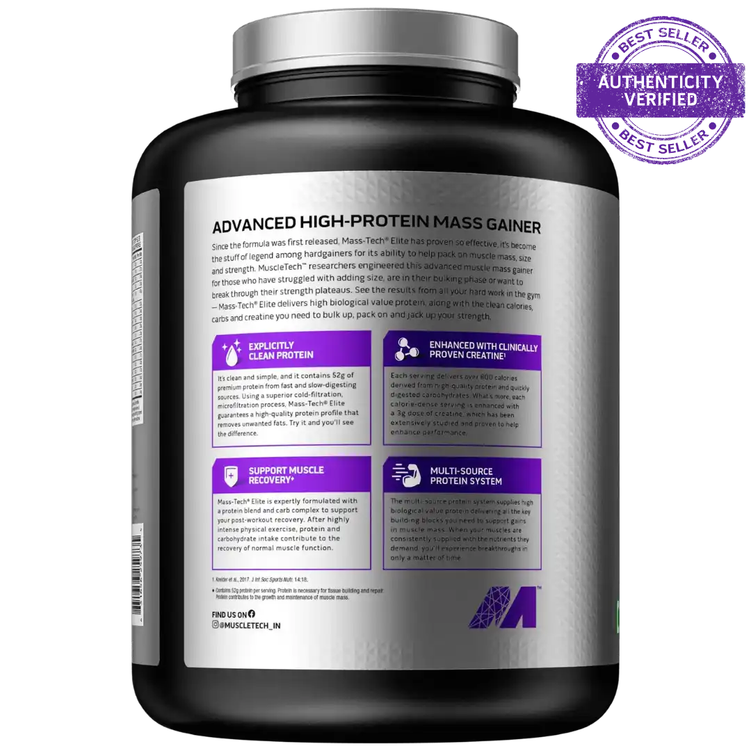 Black and purple supplement container with text on a white background