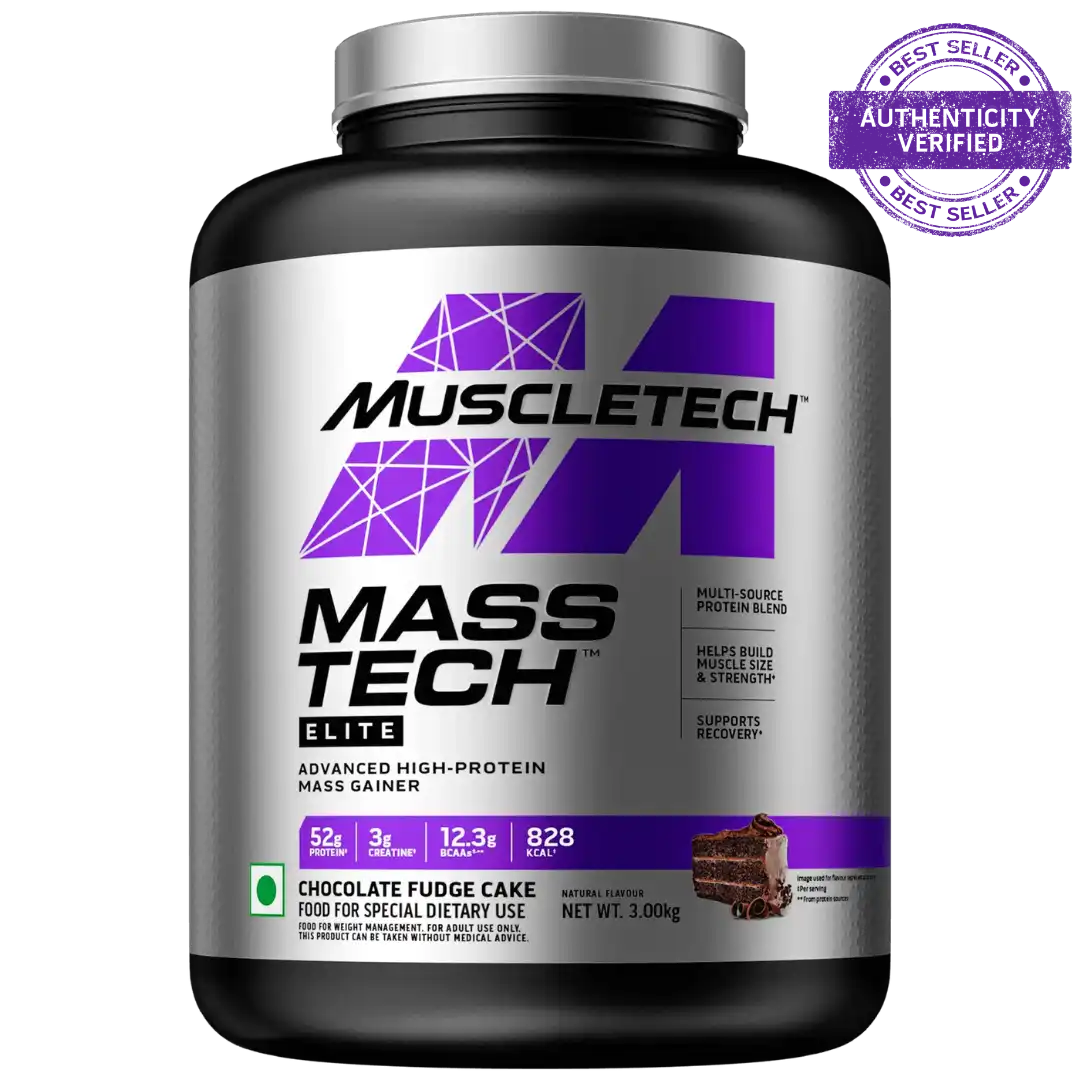 MuscleTech Mass Tech Elite supplement container on a white background