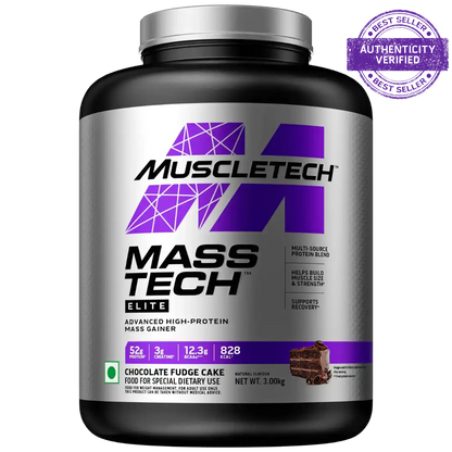 MuscleTech Mass Tech Elite supplement container on a white background