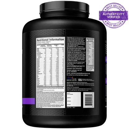 Black supplement container with nutritional information label on a white background
