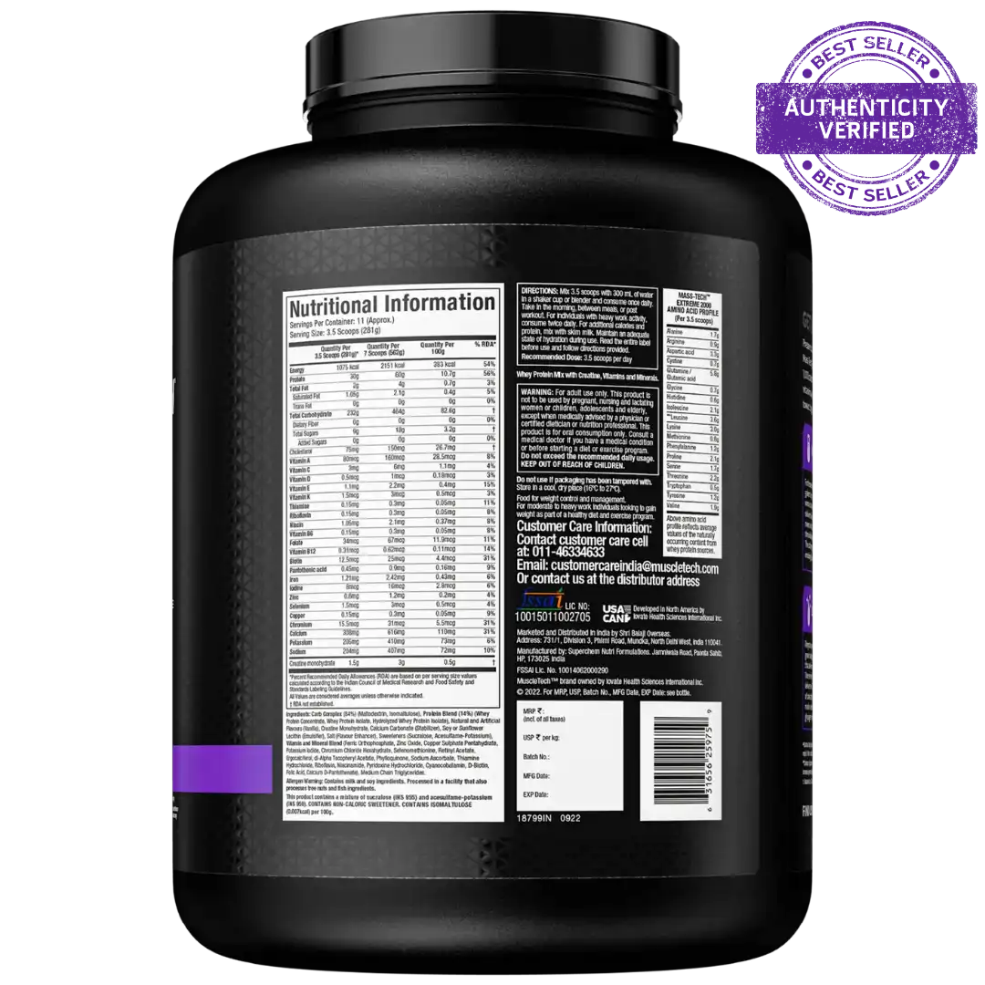 Black supplement container with nutritional information label on a white background