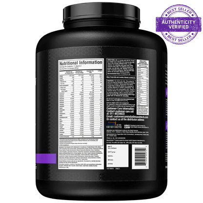 Black supplement container with nutritional information label on a white background