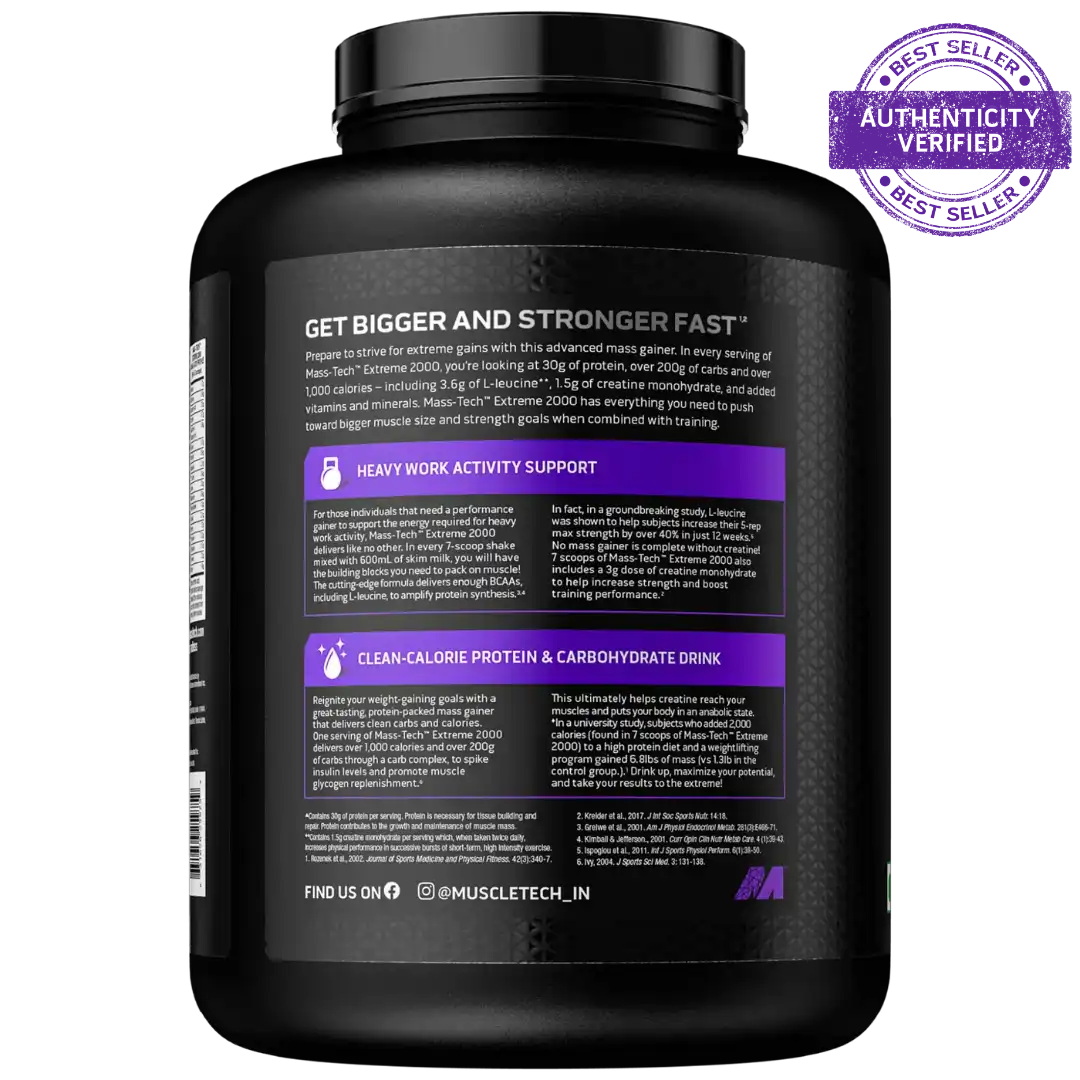 Black protein supplement container with purple text and branding on a white background