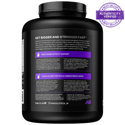 Black protein supplement container with purple text and branding on a white background