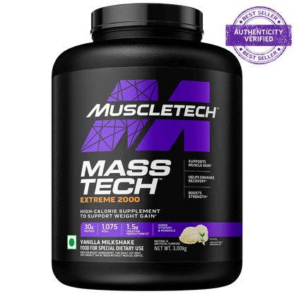 Black supplement container labeled 'Mass Tech Extreme 2000' by Muscletech on a white background.