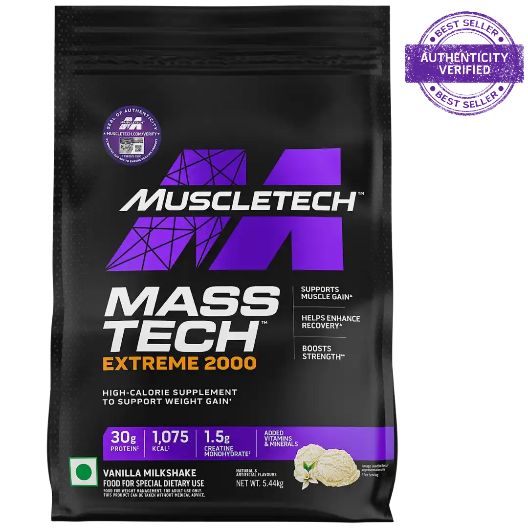 MuscleTech Mass Tech Extreme 2000 supplement package on a white background