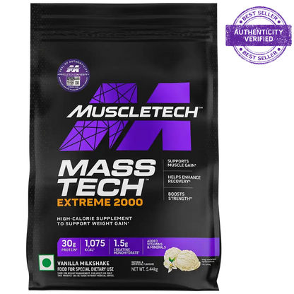 MuscleTech Mass Tech Extreme 2000 supplement package on a white background