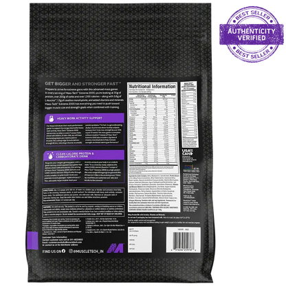 Black supplement package with purple accents and nutritional information on a white background