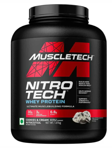Muscletech Nitro Tech Whey Protein container on a white background