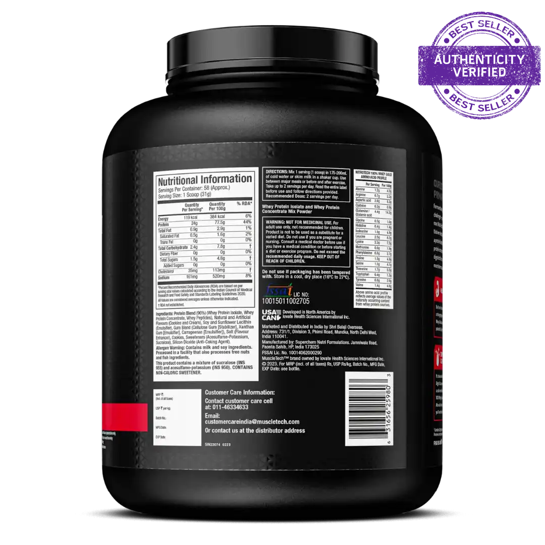 Black supplement container with nutritional information label on a white background