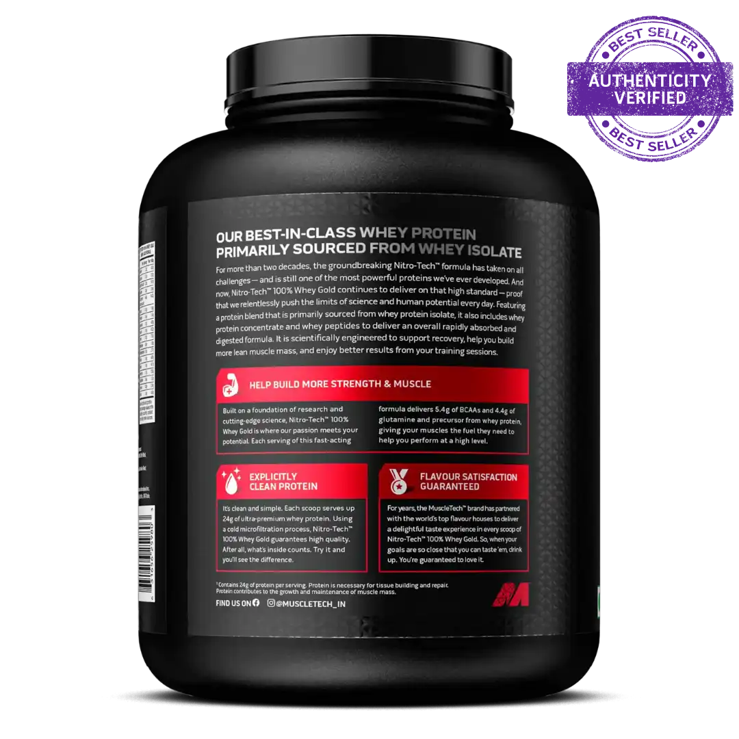 Black protein supplement container with text and a brand logo on a white background