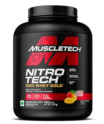 Muscletech Nitro Tech 100% Whey Gold protein powder container on a white background