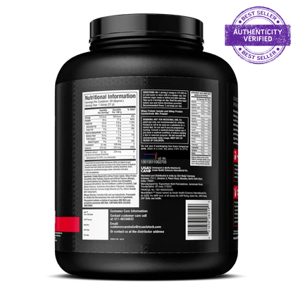 Black protein powder container with nutritional information label on a white background