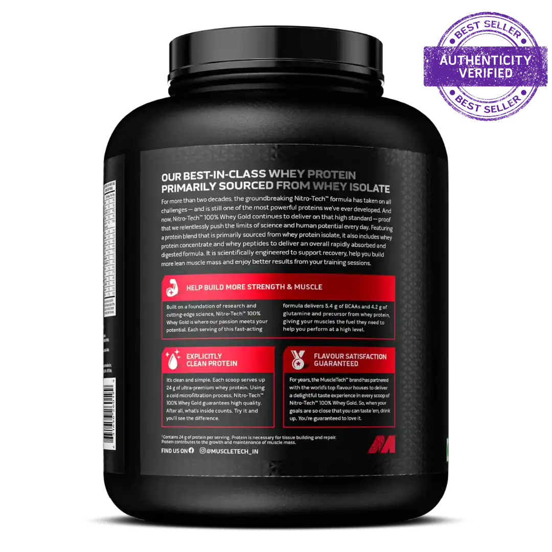 Black container of whey protein with text and a brand logo on a white background