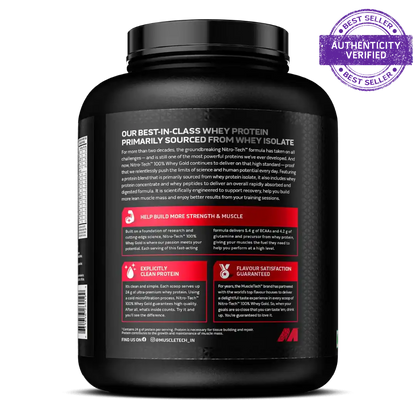 Black container of whey protein with text and a brand logo on a white background