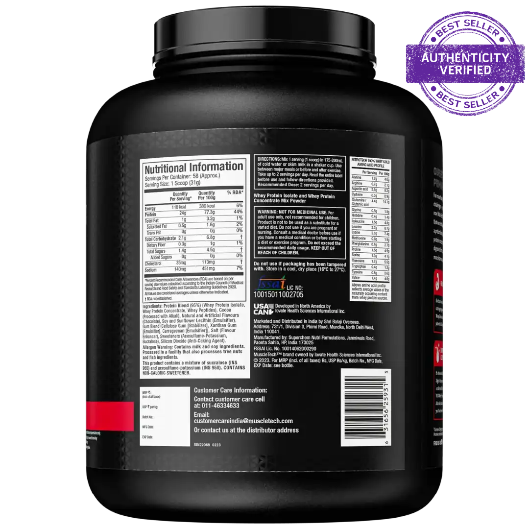 Black protein powder container with nutritional information label on a white background