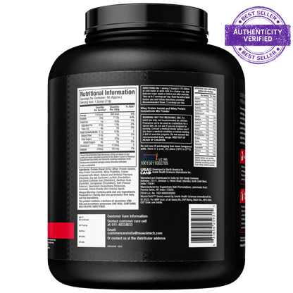 Black protein powder container with nutritional information label on a white background