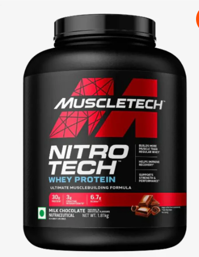 Muscletech Nitro Tech whey protein container on a white background