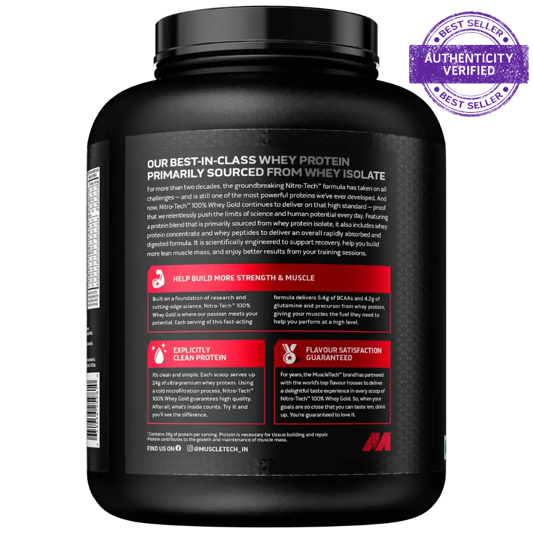 Black protein supplement container with text and branding on a white background
