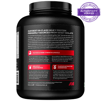Black protein supplement container with text and branding on a white background