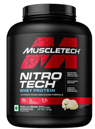Muscletech Nitro Tech Whey Protein container on a white background