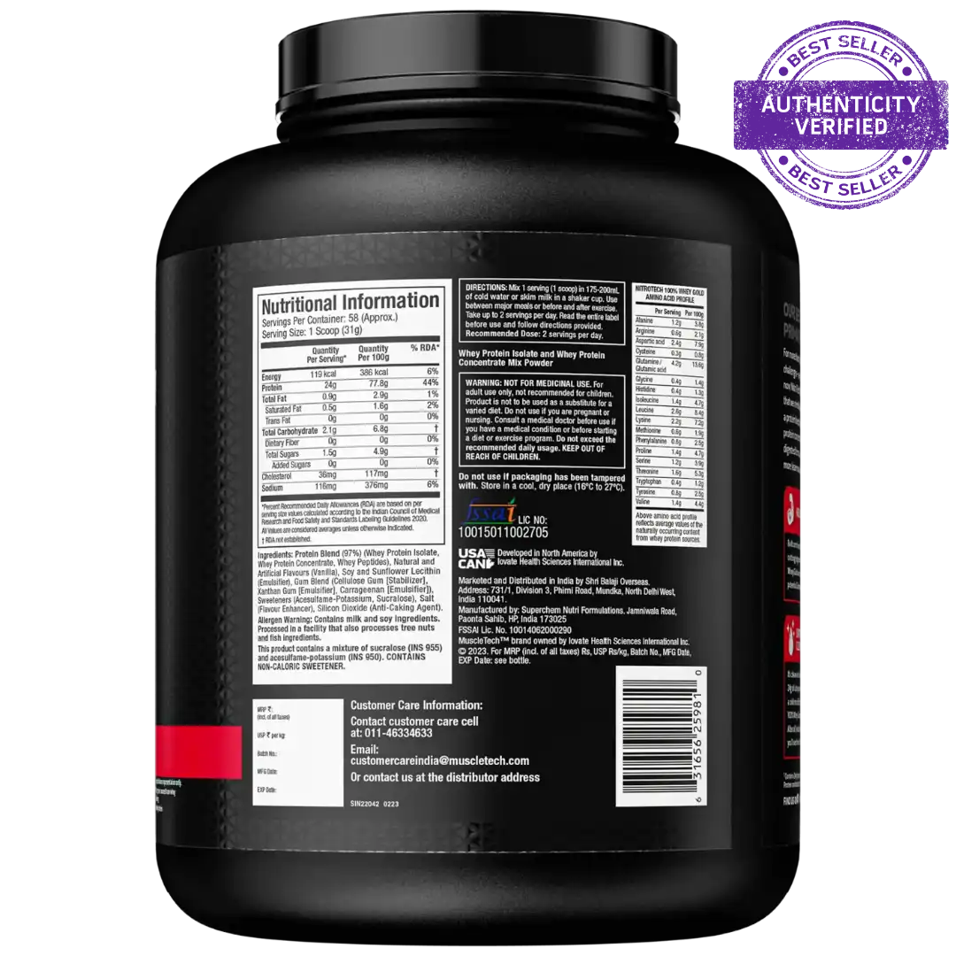 Black protein powder container with nutritional information label on a white background