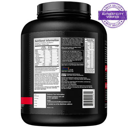 Black protein powder container with nutritional information label on a white background