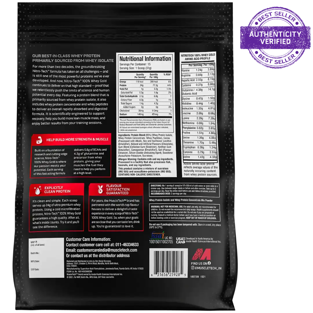 Black protein powder package with nutritional information and certification label on a white background