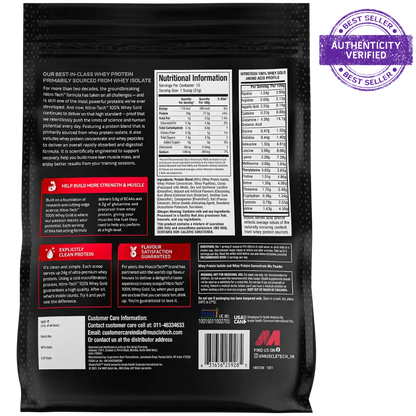 Black protein powder package with nutritional information and certification label on a white background