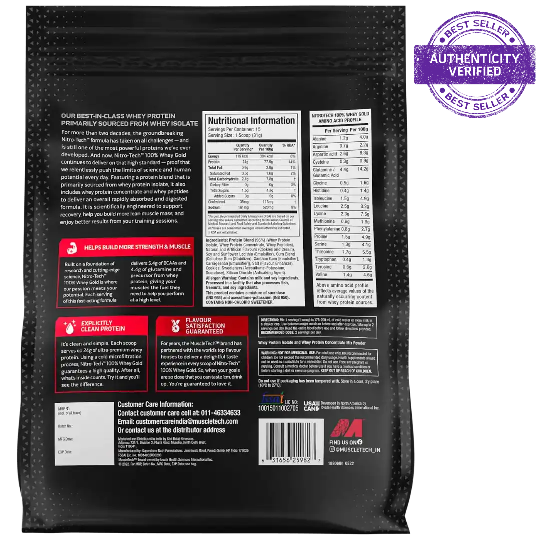 Back view of a protein powder package with nutritional information and branding.