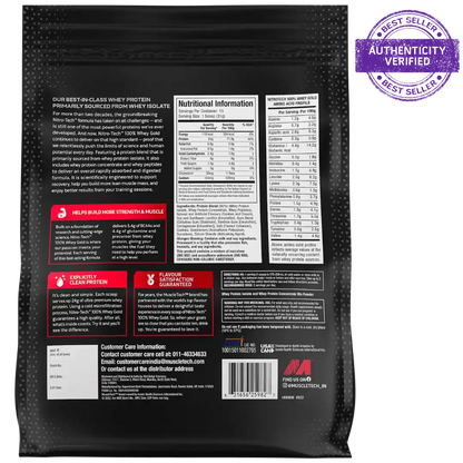 Back view of a protein powder package with nutritional information and branding.