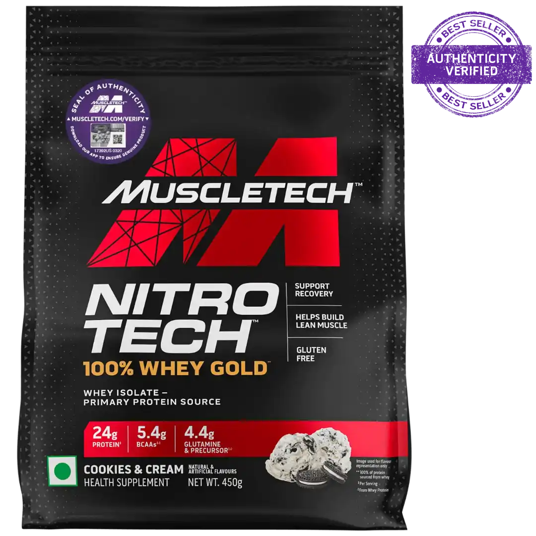 Muscletech Nitro Tech 100% Whey Gold protein package on a white background