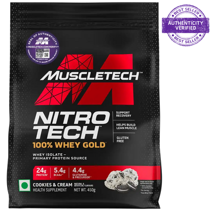 Muscletech Nitro Tech 100% Whey Gold protein package on a white background