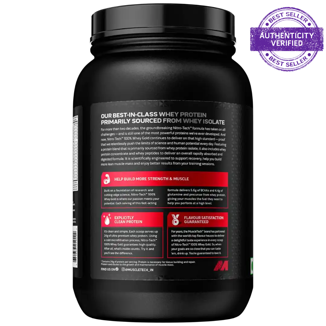 Black protein powder container with text and a 'Best Seller' badge on a white background