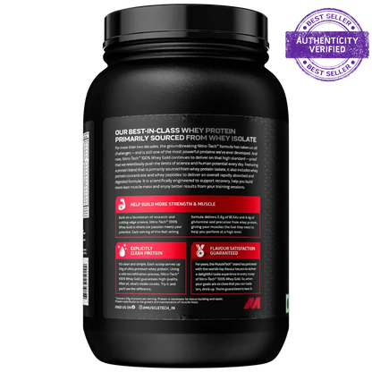 Black protein powder container with text and a 'Best Seller' badge on a white background