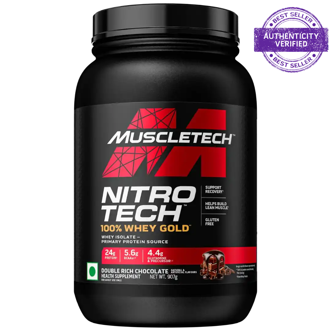 Muscletech Nitro Tech 100% Whey Gold protein powder container on a white background