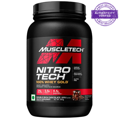 Muscletech Nitro Tech 100% Whey Gold protein powder container on a white background