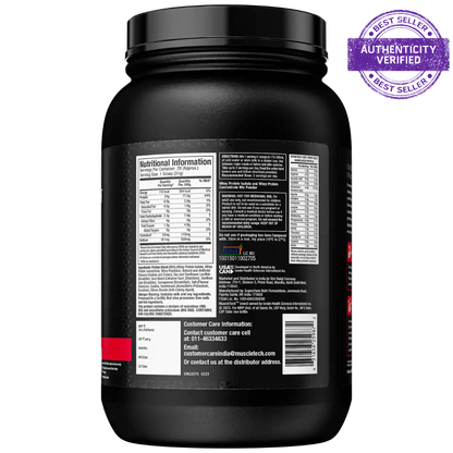 Black supplement container with nutritional information label on a white background