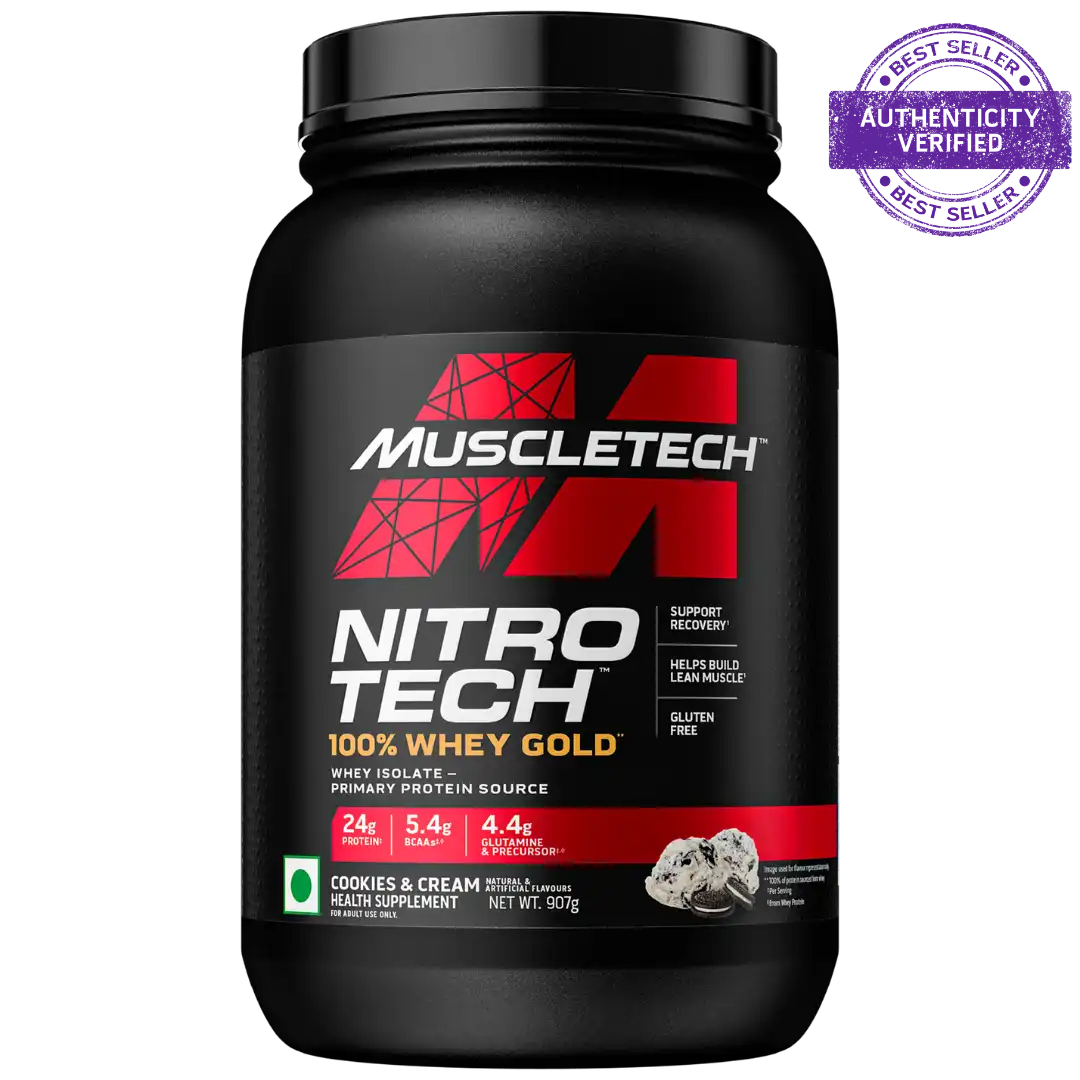 Muscletech Nitro Tech 100% Whey Gold protein powder container on a white background