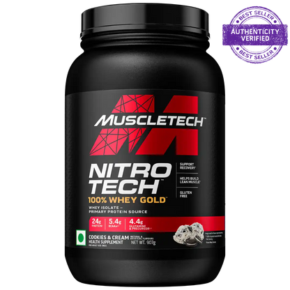 Muscletech Nitro Tech 100% Whey Gold protein powder container on a white background