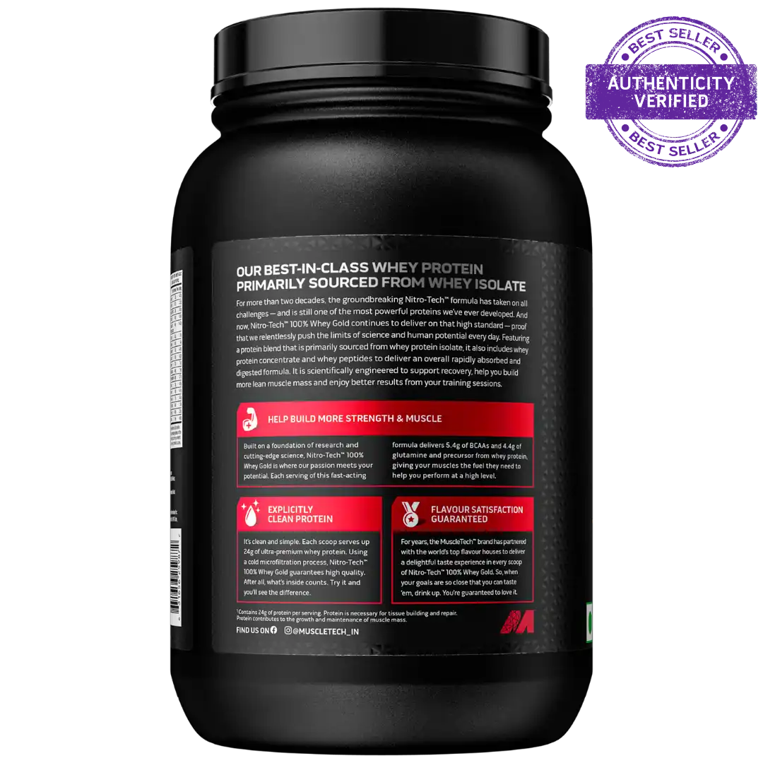 Black protein supplement container with label on a white background