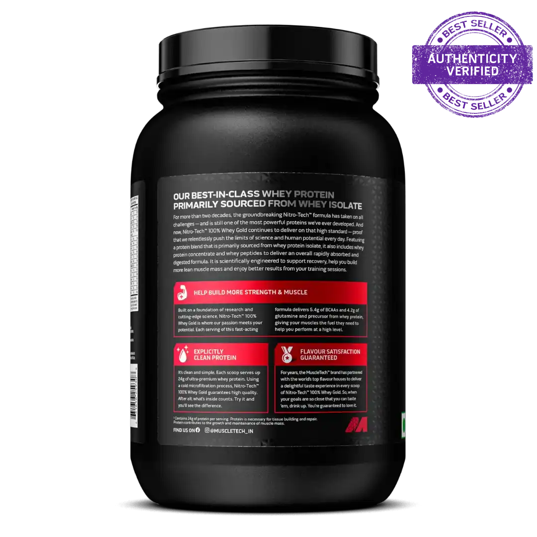 Black protein supplement container with label on a white background