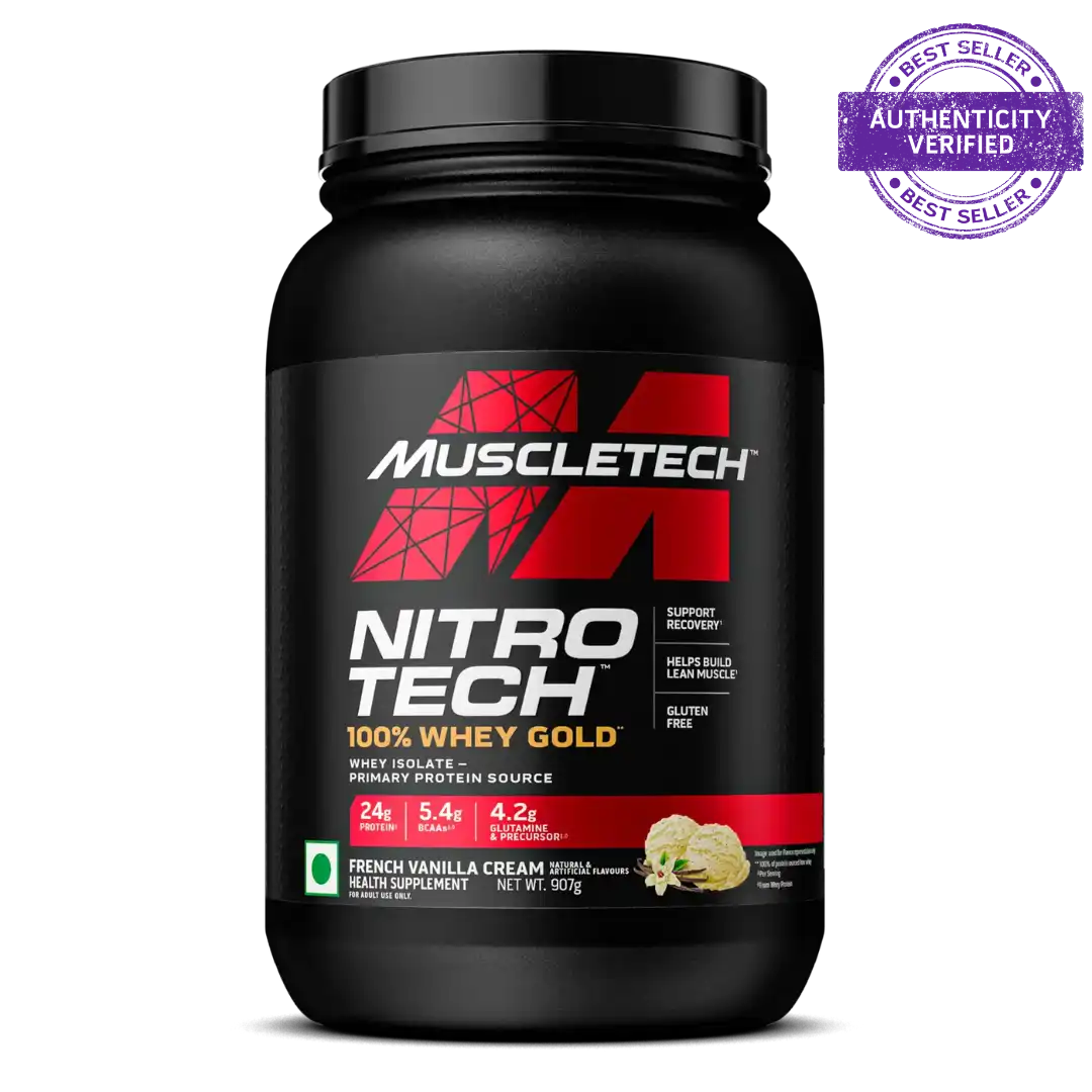 Muscletech Nitro Tech 100% Whey Gold protein powder container on a white background
