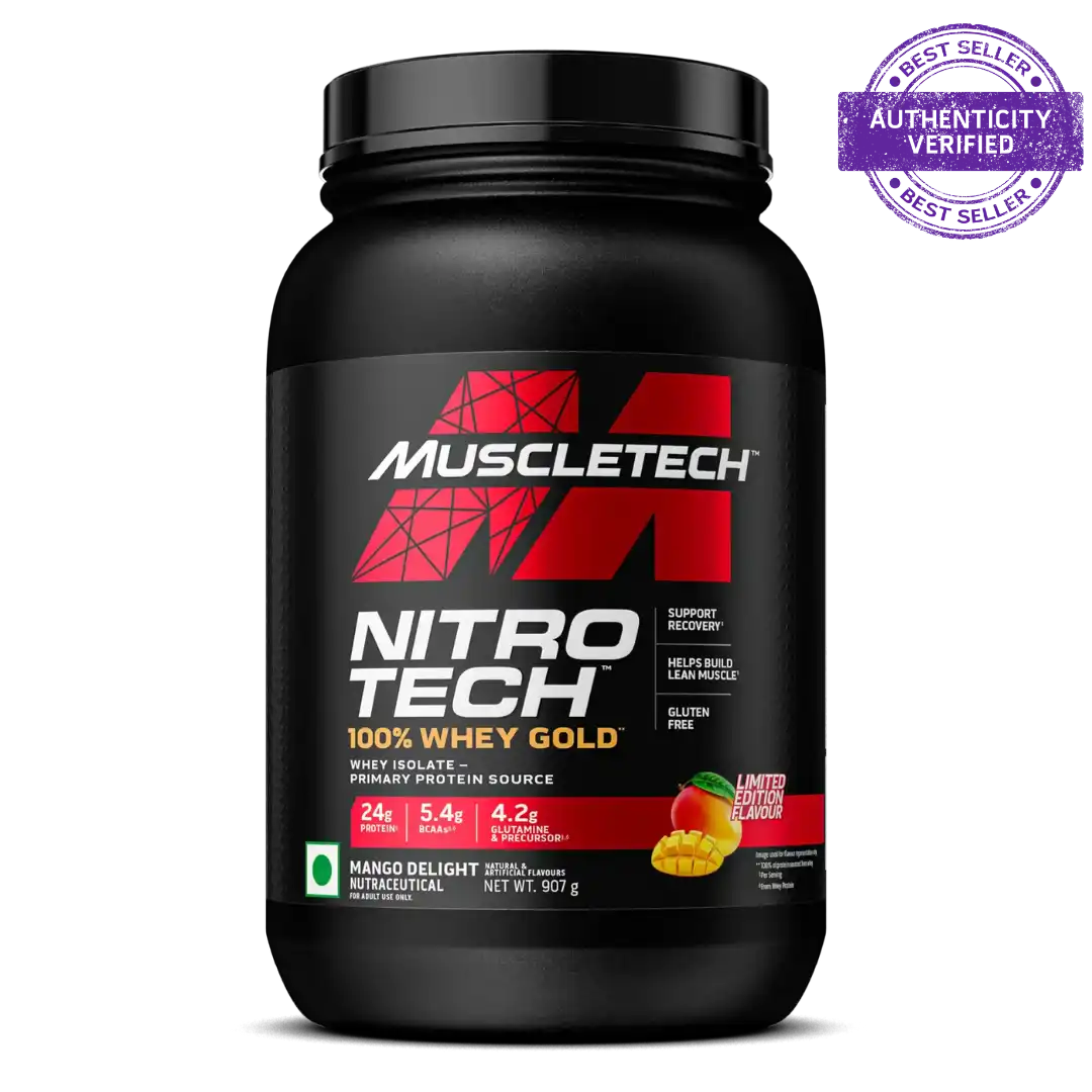 Muscletech Nitro Tech 100% Whey Gold supplement container on a white background